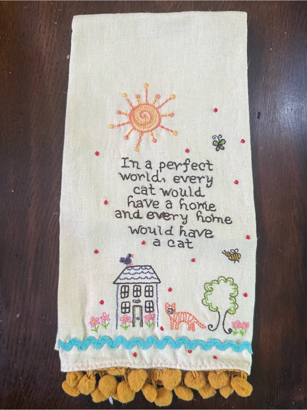 NATURAL LIFE Cream Embroidered Cat Quote Hand Towel with Mustard Pom-Pom Trim
